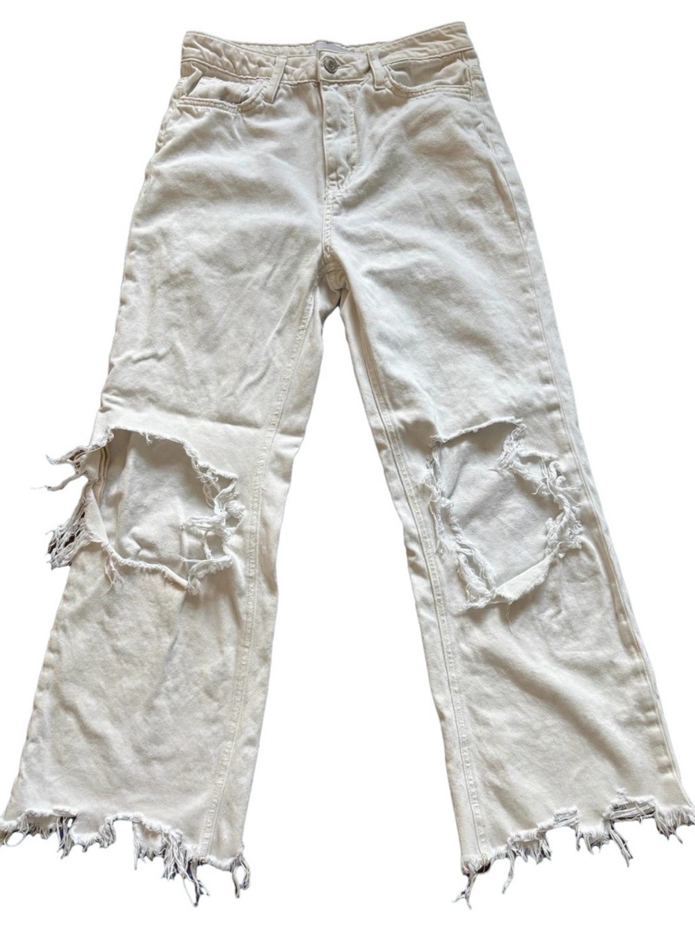 Vervet V2840 90s Vintage High Rise Crop Straight Jeans 25 Ecru Ripped Raw Hem